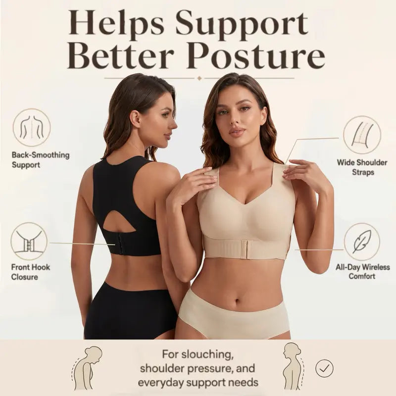 LAST DAY - BUY 1 GET 1 FREE😍Women’s Push-Up Posture Support Bra – Wireless Front-Closure Shaping Bra with Back-Smoothing Support, Wide Straps & Molded Cups